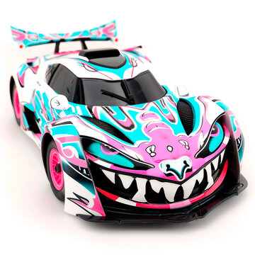 Toy sports car painted with a monster face. The car is white, with pink and blue, and the graphics are highlighted so you can see a drawn face. 3D rendering concept design illustration.