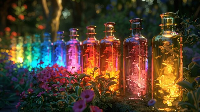 Emotion Bottles, Luminescent, Exploration of Feelings, Displaying a rainbow of colors in a moonlit garden, Realistic, Moonlight, Lens Flare