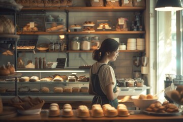 Young girl businesswoman baker in her bakery store, small business