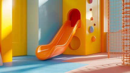 a visually appealing scene of a contemporary indoor playground for children, featuring a vibrant...