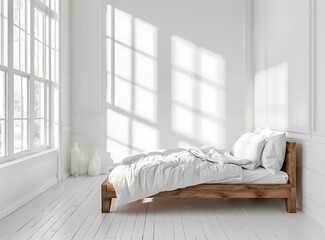 Sleek wooden bed with crisp white linen, near window in minimalist bedroom interior design, white walls and light floor, cozy home decor
