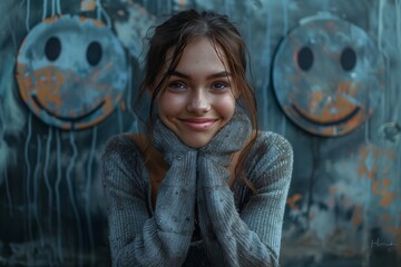 Smiling girl against graffiti smiley faces