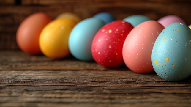   A row of painted eggs atop a weathered wooden table, before a rustic wooden wall and floor