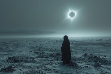 A lone figure is dwarfed by the ethereal sight of a total solar eclipse in a mist-covered landscape, creating a scene of otherworldly tranquility.