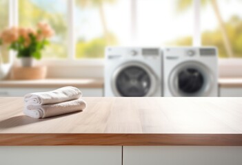 Empty wooden table top with blurred white laundry room interior background for product display montage, white washing machine and dryer in the background