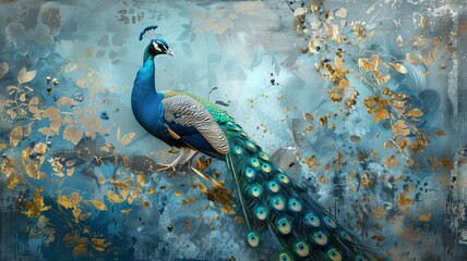 An artistic background featuring the majestic peacock, its iridescent plumage depicted with golden...