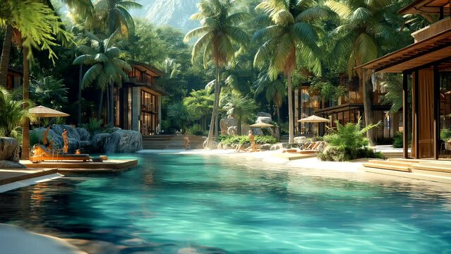 Villa with tropical swimming pool on summer vacation. seamless looping 4k time-lapse video background