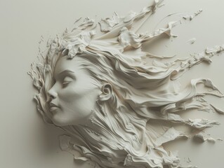 Abstract 3D clay render of woman with flowing hair, dynamic shapes on a calm base