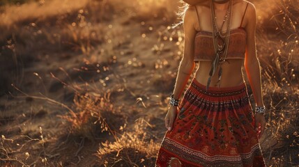 A bohemian-inspired maxi skirt with intricate embroidery and flowing fabric, paired with a cropped top and strappy sandals, accessorized with layered necklaces and a floppy hat - obrazy, fototapety, plakaty