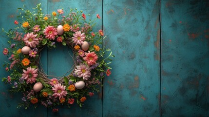   A teal-painted wood paneled wall holds a wreath of flowers and eggs Adorning the scene is a blue painted door
