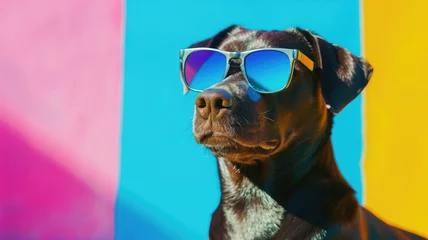 Ingelijste posters cool dog with sunglass in a stunning background ultra realistic Generative AI   © Pavithiran