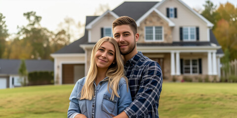 Young couple embracing in front of their new home