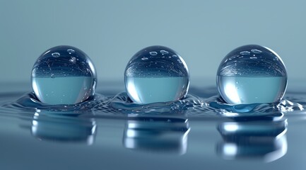   A trio of water droplets hovering above a water surface, each with a single drop in front