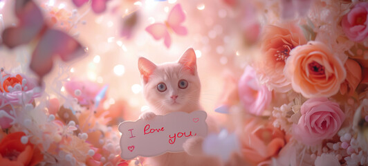 Adorable white cat holding 'i love you' sign amongst pink flowers