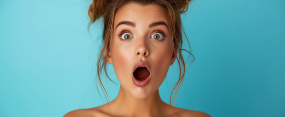 Surprised young woman with wide eyes and open mouth - obrazy, fototapety, plakaty
