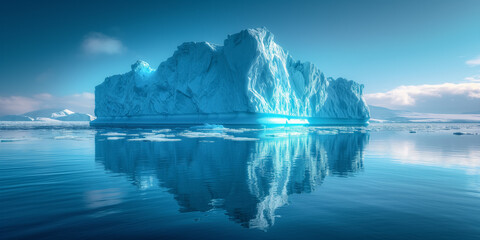 Iceberg majesty reflecting on calm arctic waters under clear skies