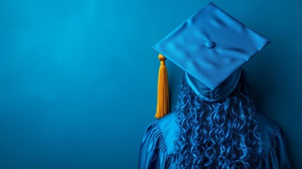   A blue graduation gown adorned with a yellow tassel on the front and one at the back