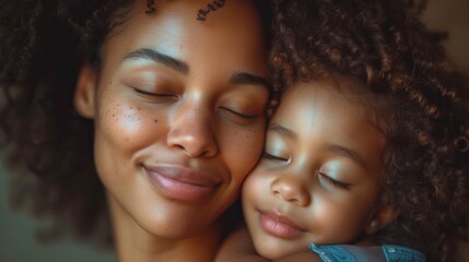 Fototapeta premium A woman tightly cradles a child, their faces inches apart from each other, as they press against an adult female's head in a loving embrace