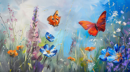 field of poppies and butterflys