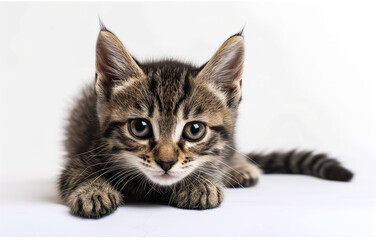 Striped tabby kitten lying down on white background