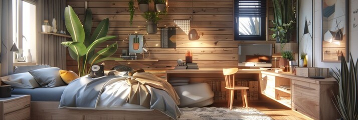 Boy's room, room for a little boy with toys, bed and table in beige colors, banner
