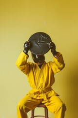 Obraz na płótnie Canvas Martial artist in a yellow gi holding a black helmet, portraying readiness and focus. Conceptual depiction of preparation in traditional martial arts