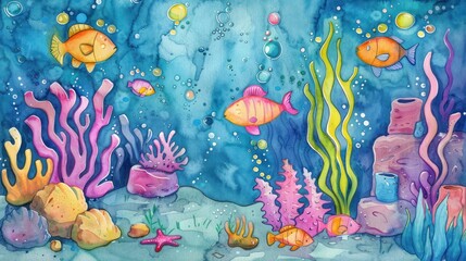 Underwater adventure in watercolor featuring friendly sea creatures and hidden treasure