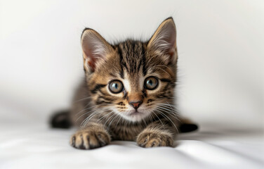 Tabby kitten with captivating blue eyes on white background