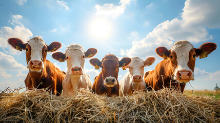 Cows in sunset, Cow, Herd of cows grazing on a farmland in Devon, England, Group of cows stand upright, Generative ai - obrazy, fototapety, plakaty