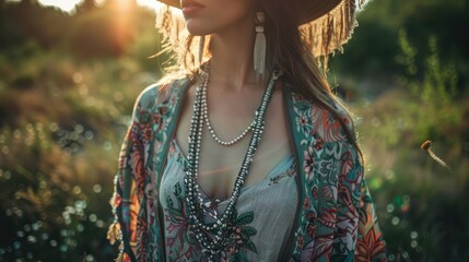 A bohemian-inspired outfit featuring a flowing maxi dress with floral prints, layered with a fringe kimono and accessorized with beaded jewelry and a wide-brimmed hat, - obrazy, fototapety, plakaty