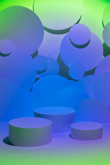 Abstract stage for presentation skin care products - three round podiums mockup in blue violet acid green glowing light, bubbles fly decor. Template for showing cosmetics in vr black friday style.