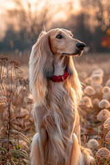 An Afghan Hound dog with luxurious long hair standing in a field bathed in golden sunlight, looking away thoughtfully