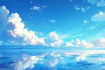 A beautiful blue sky with white clouds, reflecting on the water surface, creating an endless sea of clouds