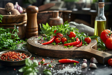 spices and herbs on wooden table