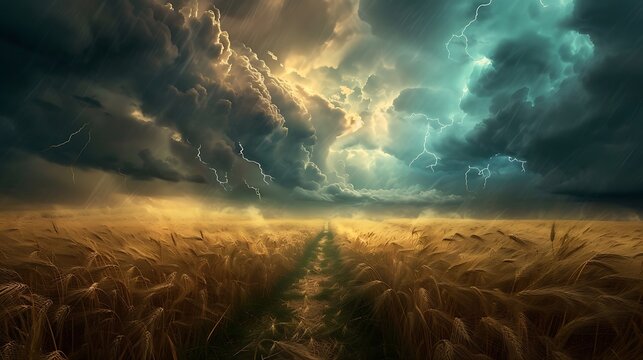 a visually captivating picture of a wheat field surrounded by a menacing stormy sky using AI, accentuating the power and beauty of nature attractive look