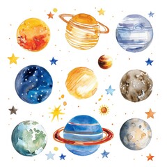 An illustration of a sunny solar system with planets painted in watercolor each labeled with its name
