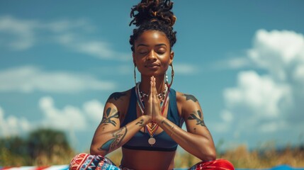Independence Day Reflection: Black woman in yoga pose, adorned with patriotic colors, symbolizing freedom and national pride