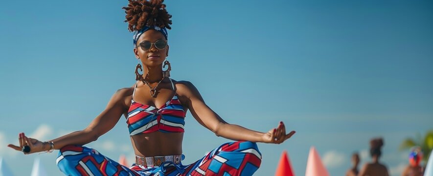 Patriotic Yoga Peace: African American woman in tranquility, dressed in Independence Day colors against a blue sky