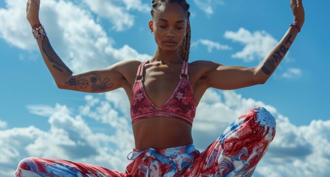 Patriotic Yoga Peace: African American woman in tranquility, dressed in Independence Day colors against a blue sky