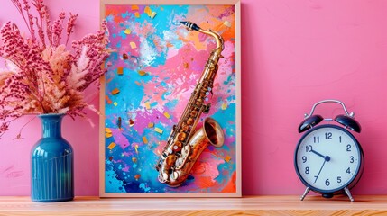 Expressive saxophone and music notes on pink canvas symbolizing jazz energy, ideal for modern wall art decor - obrazy, fototapety, plakaty