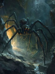 A monstrous spider, with eyes that gleam in the dark, awaits in its webfilled, shadowy cave lair - obrazy, fototapety, plakaty