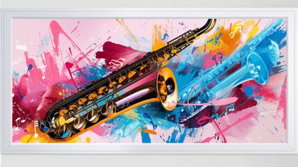 Colorful jazz-themed art print in white frame for lively music-inspired interior decorating,...