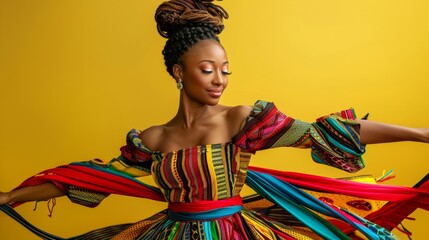 Radiant African woman twirling in traditional Juneteenth attire, embodies cultural heritage and celebration. The high-resolution studio shot captures the spirit of Juneteenth with a vividly dress