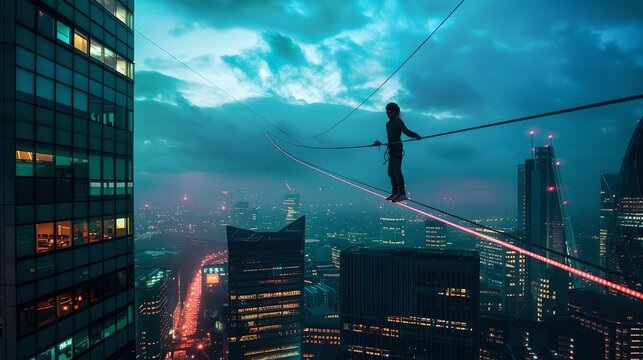 Adventurous Thrill-Seeker Tightrope Walking Between Skyscrapers. Daring feat above cityscape. High-altitude balance act capturing risk and challenge. Urban extreme sport. AI