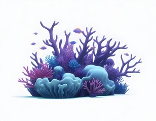 Underwater world, turquoise coral reef, blue seaweeds, algae, purple sponges, yellow pink fishes. Marine landscape tropical colorful plants. Ocean bottom nature. 3d render isolated on white backdrop