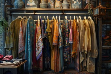 A variety of colorful and stylish clothes hanging on a rack in a playful and artistic arrangement.