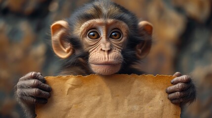   A monkey in close-up, gazes seriously at the camera while clutching a sheet of paper