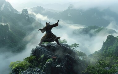 Kung fu panda in action, wearing traditional robes, on a misty mountain peak, displaying powerful martial arts stances and serene nature