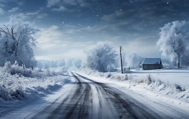 Winter landscape with snow covered trees and rural road
