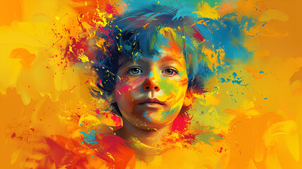 Obraz na płótnie Canvas Celebration of Holi festival day colorful illustration of a little village boy, generative Ai